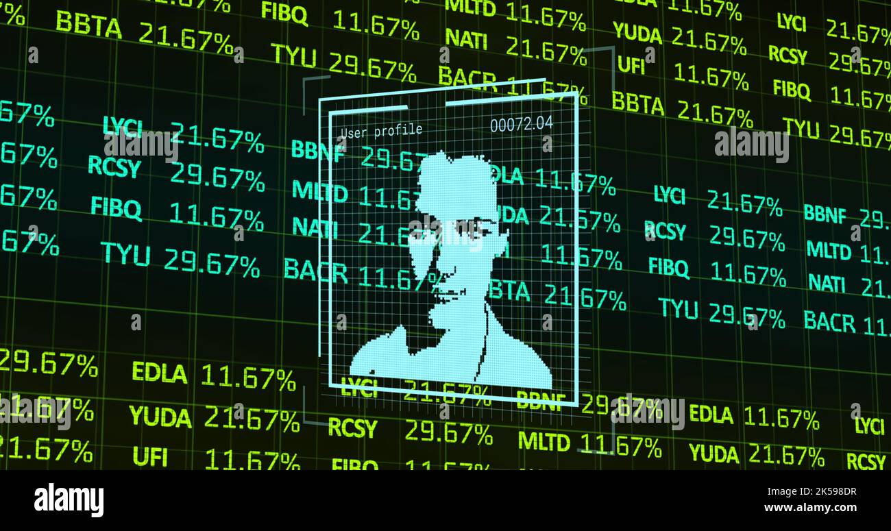 Image of stock market over people portraits icons on black background ...