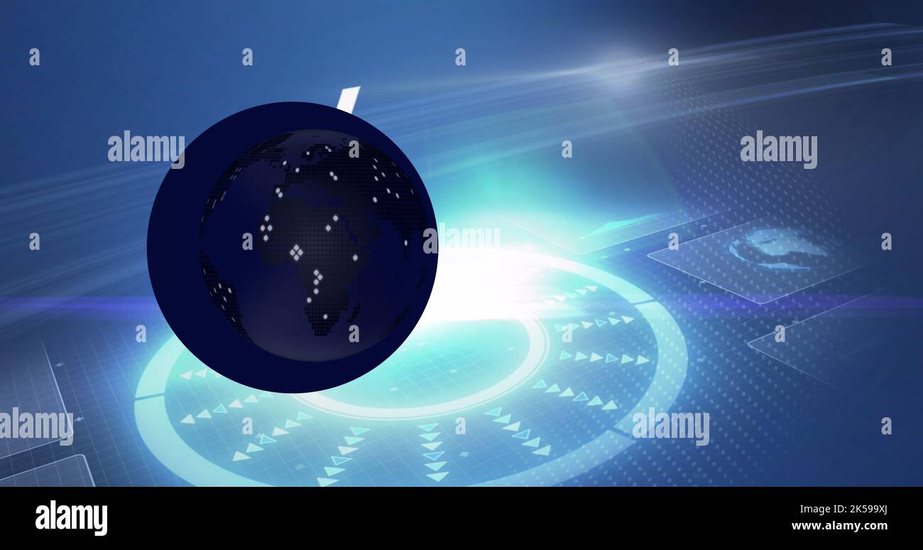 Image of globe over data processing with scope scanning on black background Stock Photo