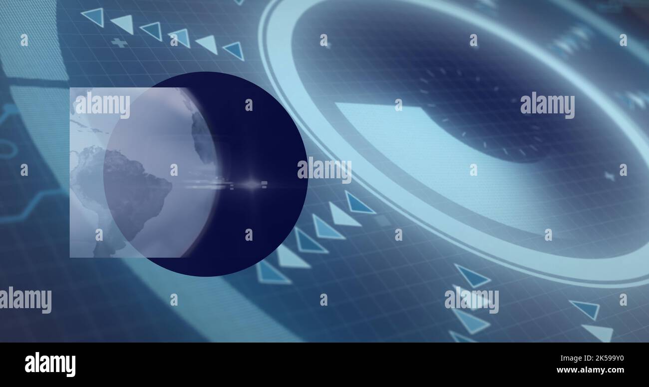 Image of globe over data processing with scope scanning on black background Stock Photo