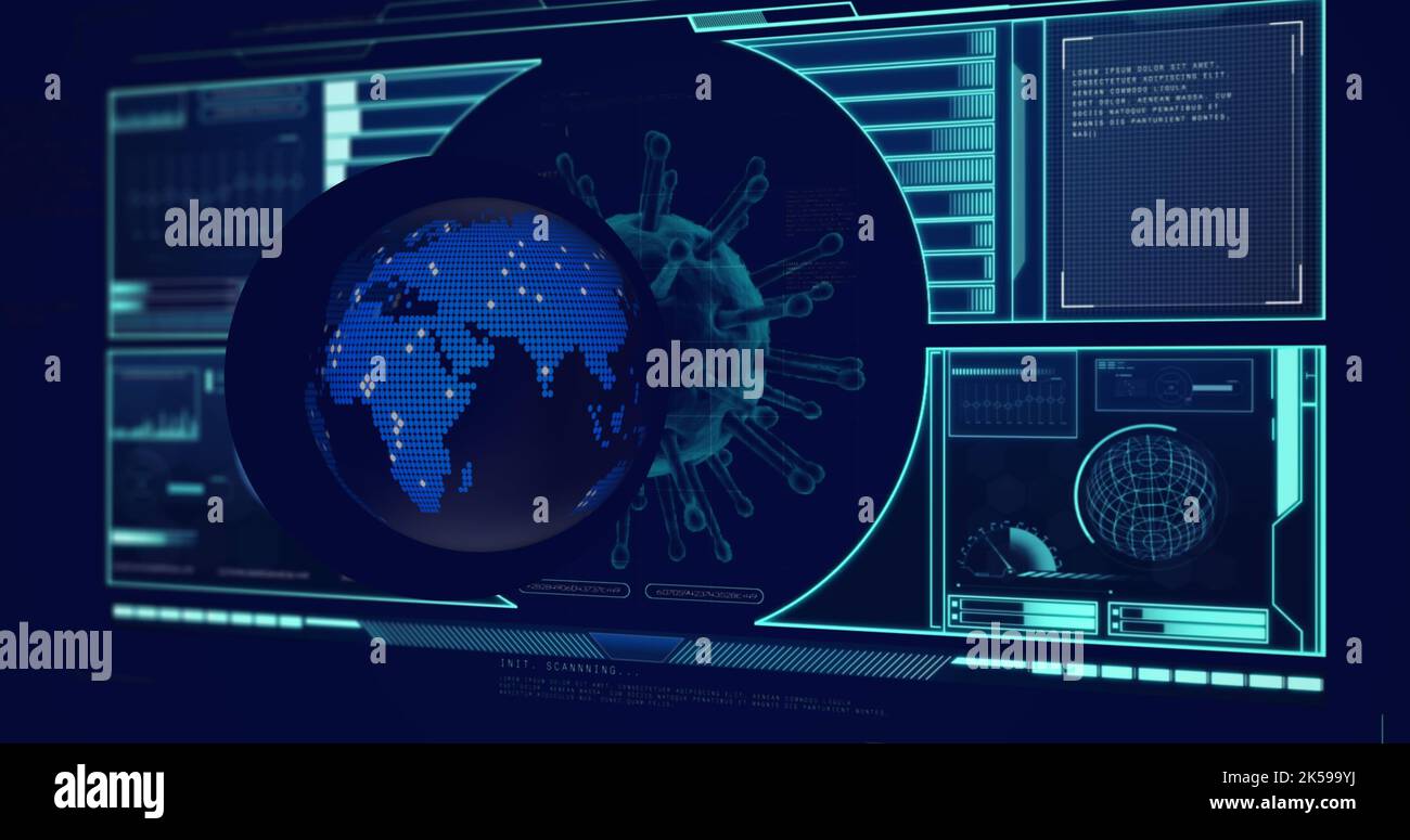 Image of globe over data processing with virus cell on black background Stock Photo