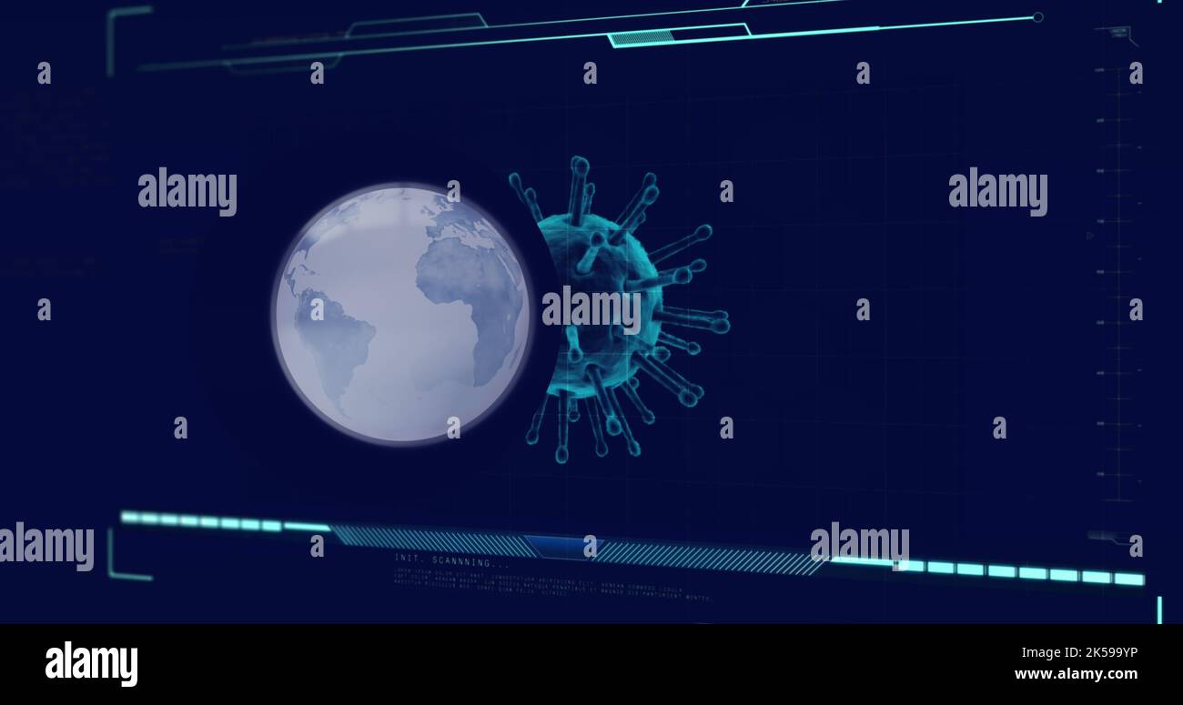 Image of globe over data processing with virus cell on black background Stock Photo