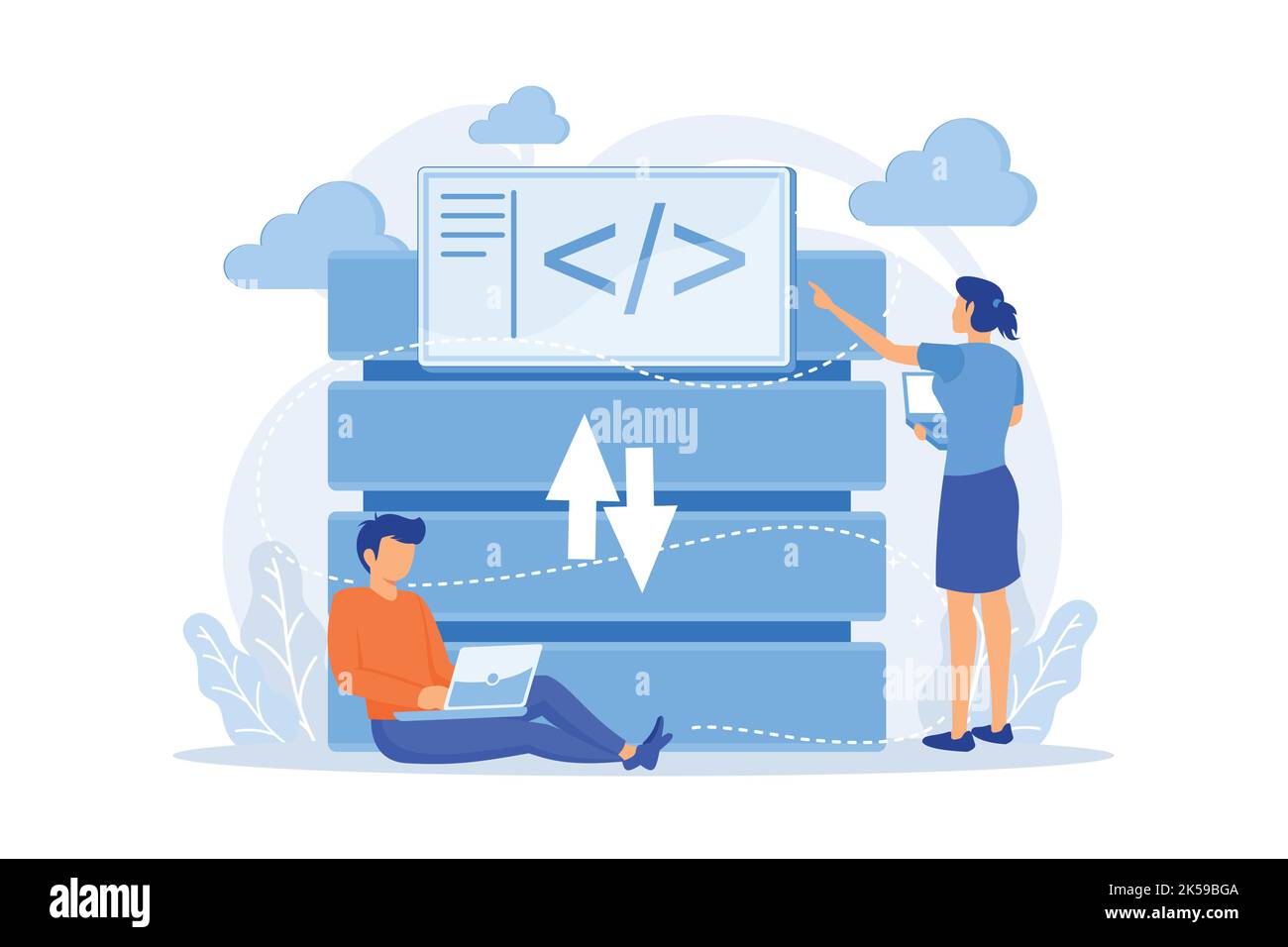 Two developers working with big data technology. Big data management and storage, database analytics and design vector illustation Stock Vector