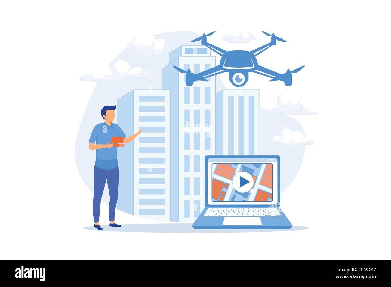 Birds eye view position. Live streaming droning, flight. Aerial videography, professional aerial video vector illustration Stock Vector