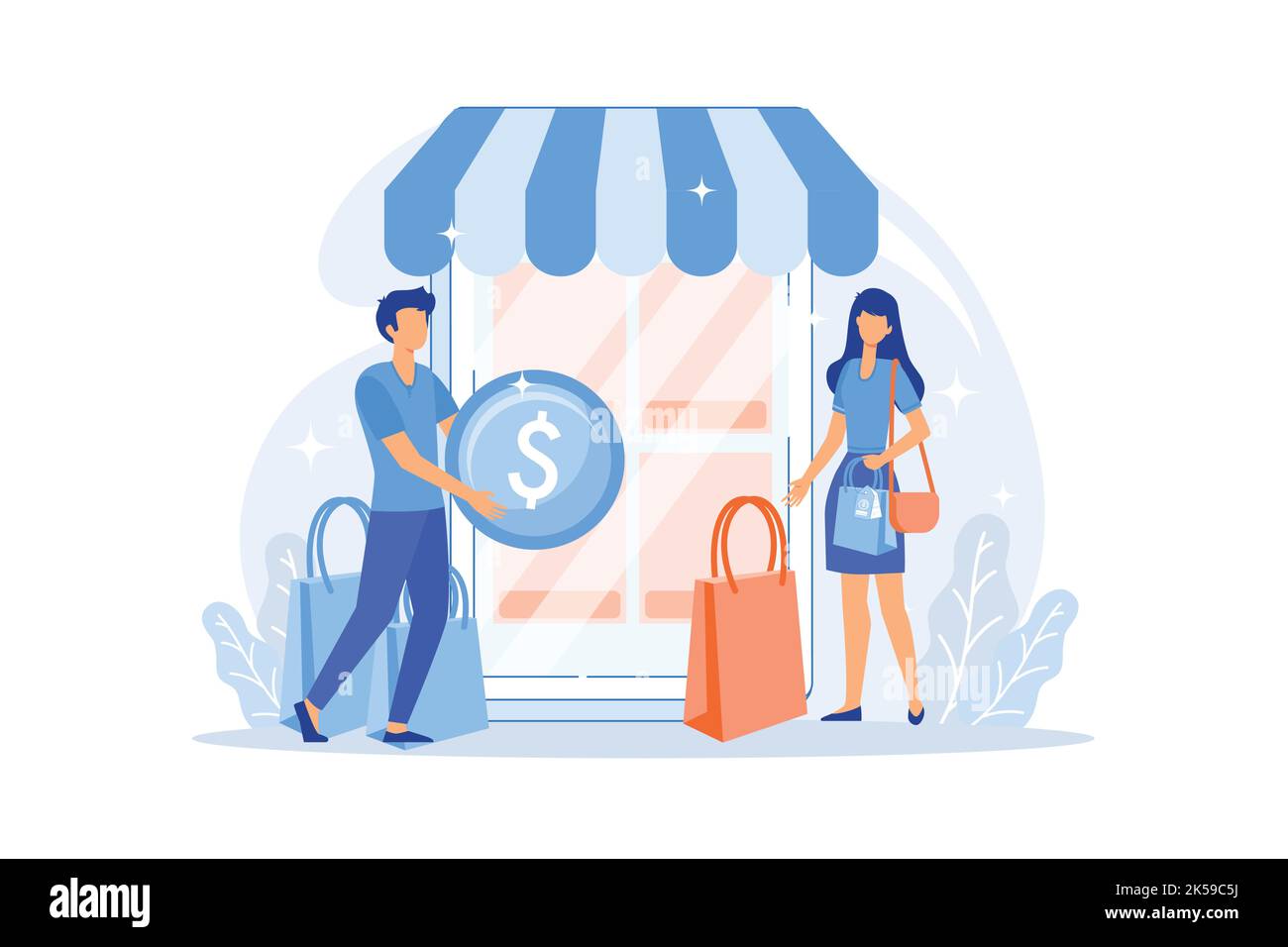 Tiny people customers with bags shopping online with smartphone. Mobile based marketplace