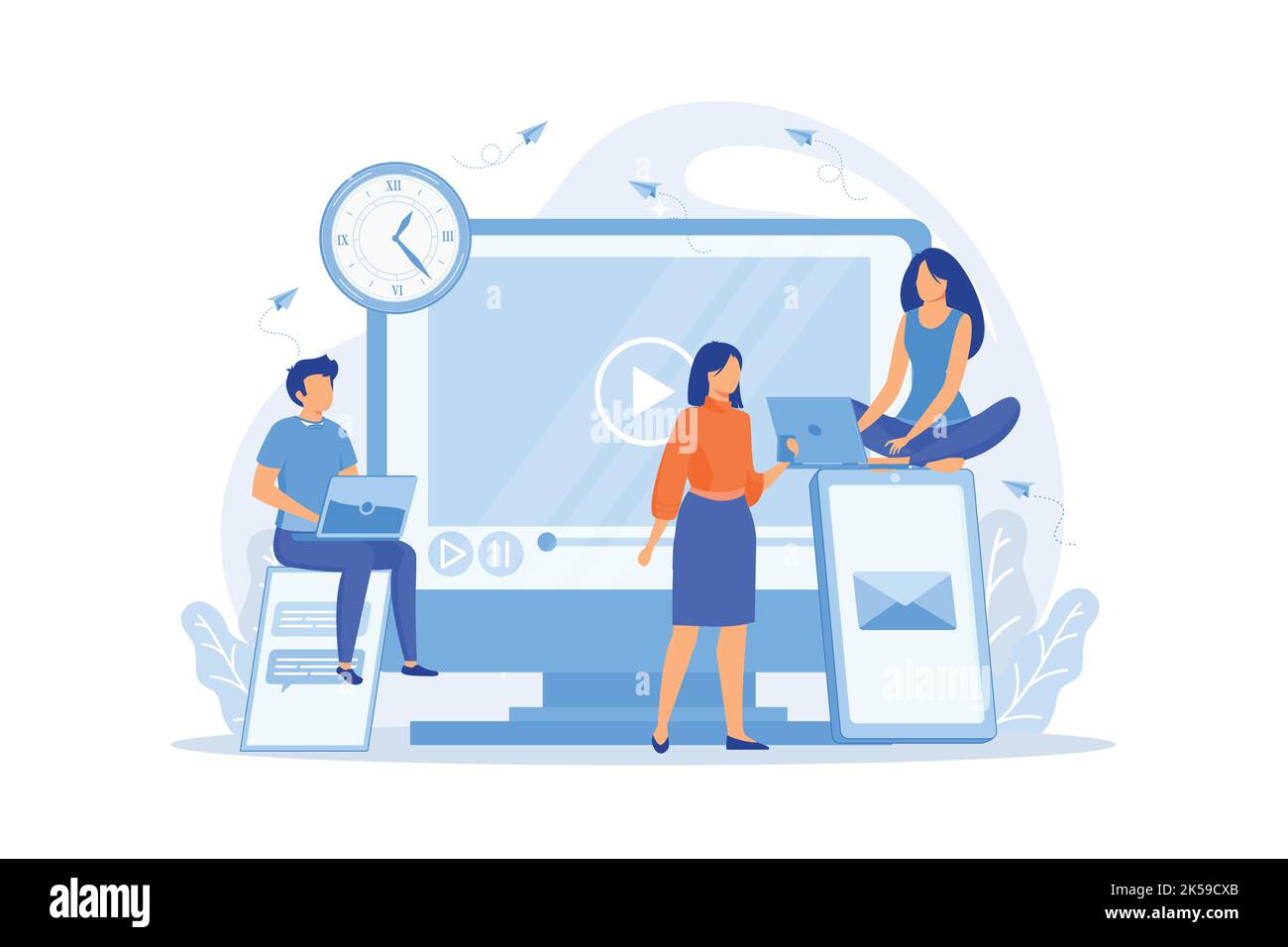 Tiny business people watching at digital devices screens and clock