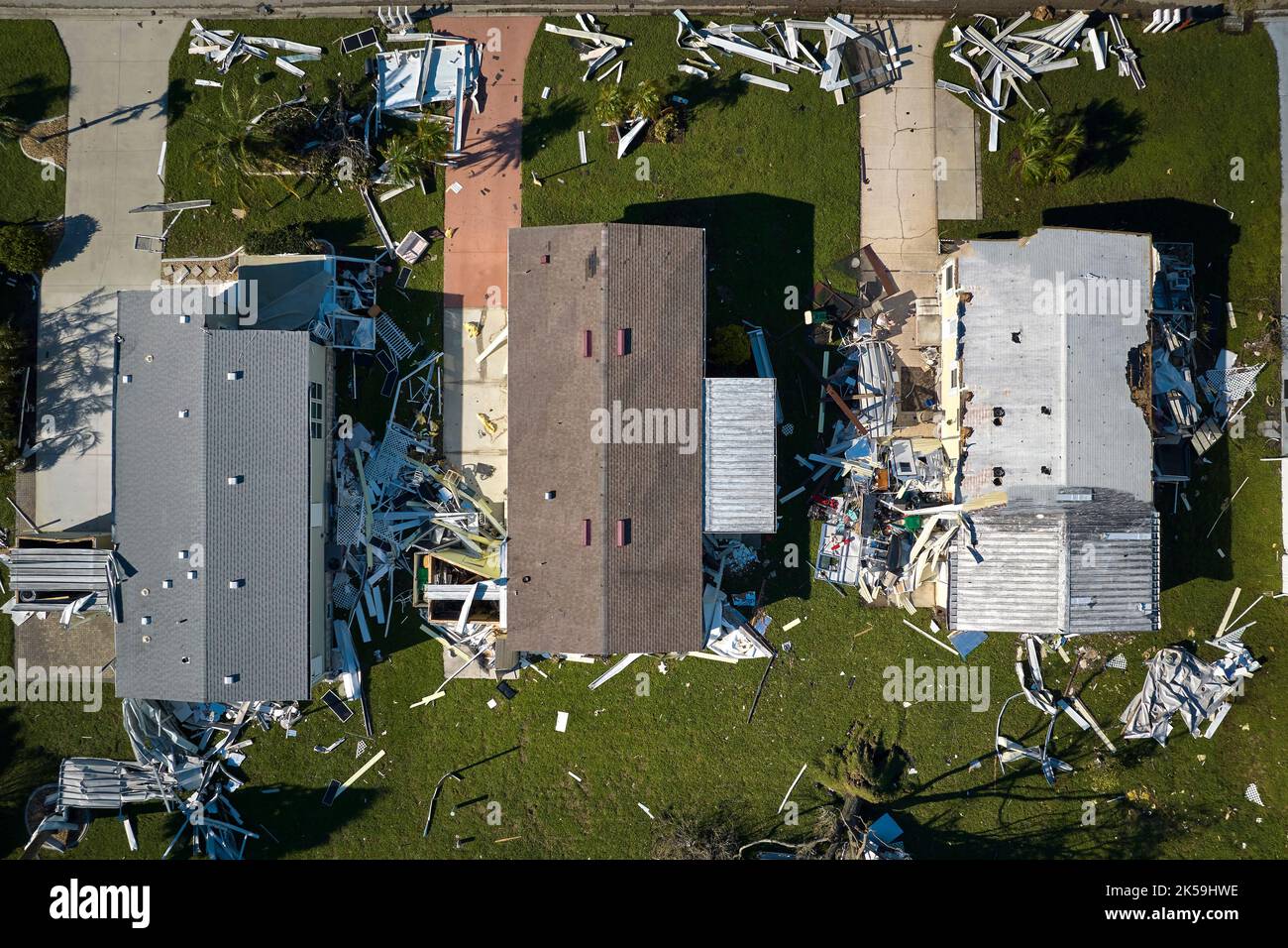 Hurricane Ian destroyed homes in Florida residential area. Natural