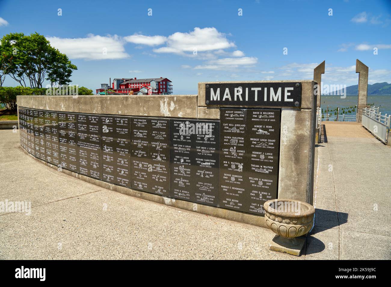 Maritime memorial wall on the Columbia River in Astoria, Oregon. Stock Photo