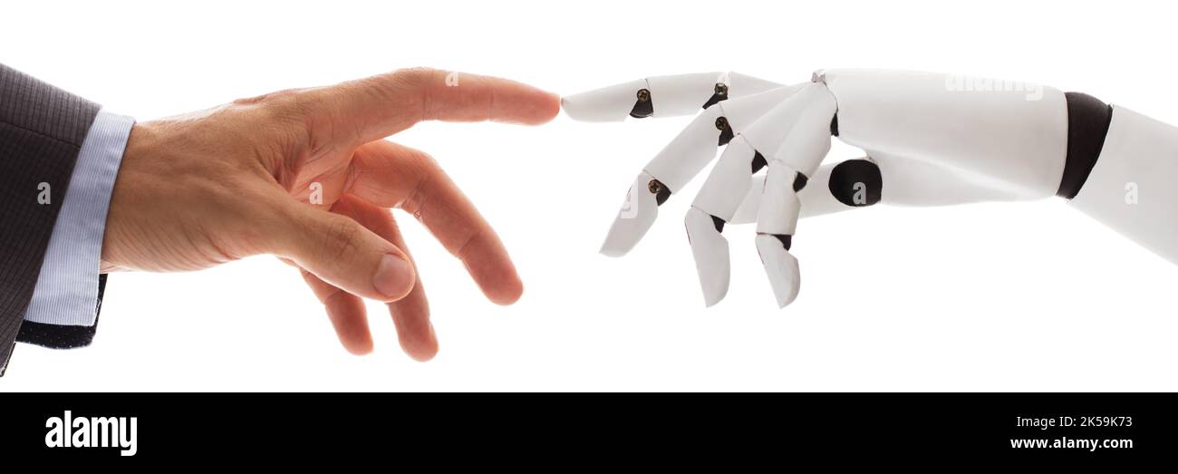Robot Human Touch. Robotic Collaboration And Artificial Intelligence Stock Photo