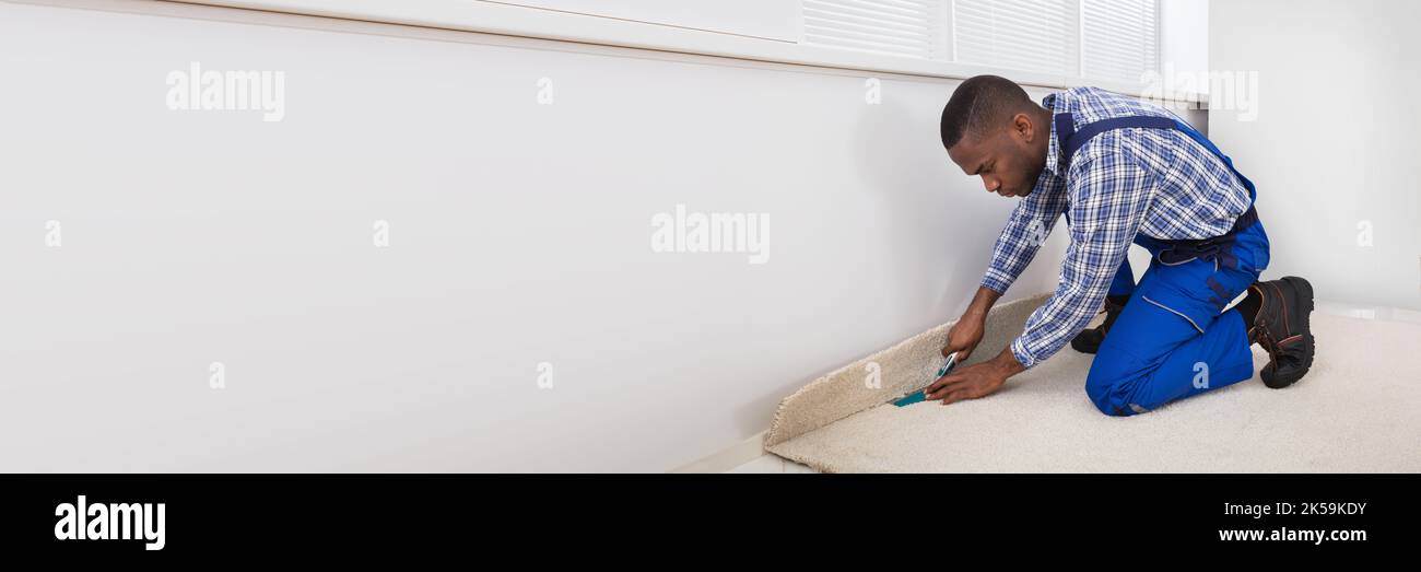 Kneeling Worker Installing Carpet. Fitting New Floor Stock Photo
