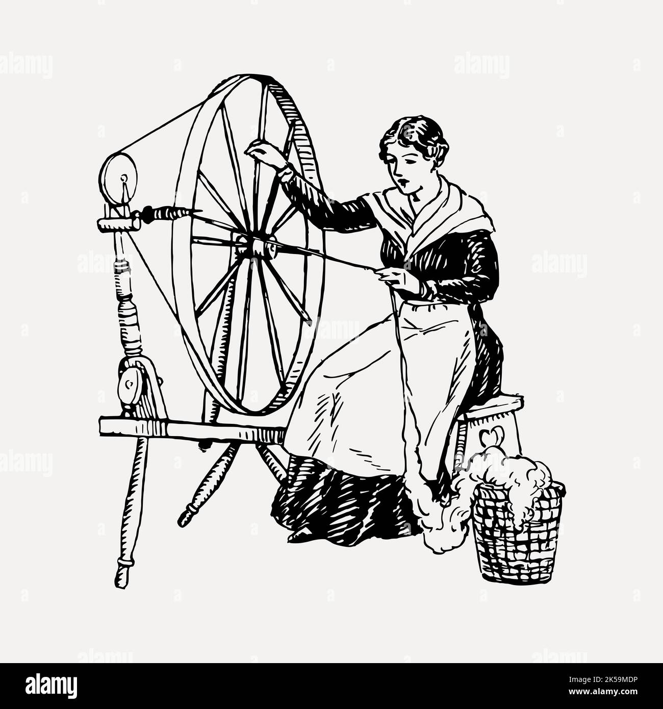 Spinning wheel lady drawing, vintage illustration vector Stock Vector