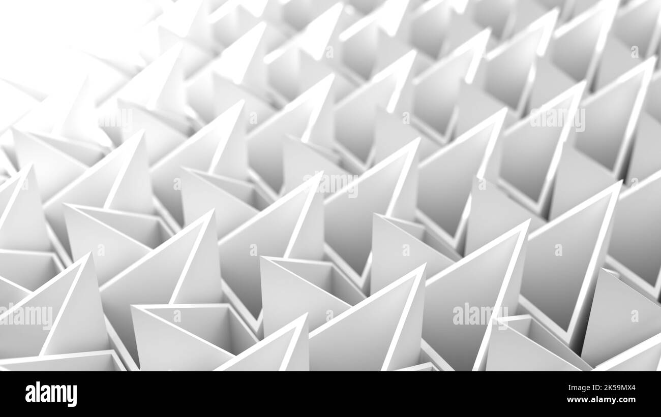 3D rendering of series of sharp triangular objects establishing modern conceptual strucutre in grayscale; a work of geometric abstract art Stock Photo