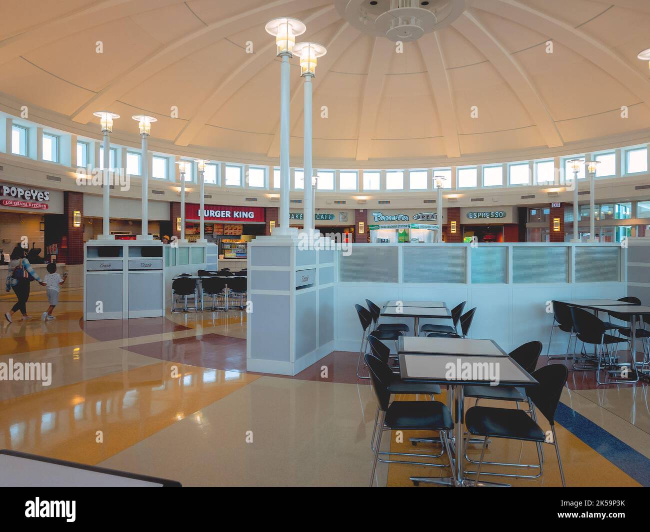 Ohio Turnpike, Genoa, Ohio - Sep 11, 2022: Landscape Interior Wide View of Wyandot Service Plaza Building Interior with Shops and Restaurant in Backgr Stock Photo