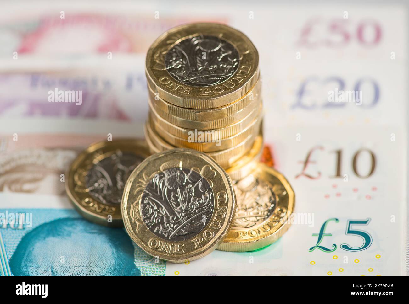 File photo dated 26/01/18 of a UK five pound, ten pound, twenty pound and fifty pound notes with one pound coins. Families raising disabled or seriously ill children are 'struggling to survive' due to the scale of the cost of living crisis, a charity said. Issue date: Friday October 7, 2022. Stock Photo