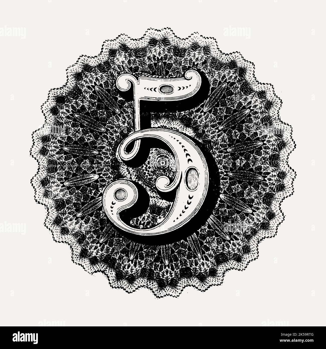 Decorative number 5 clipart, vintage hand drawn vector Stock Vector
