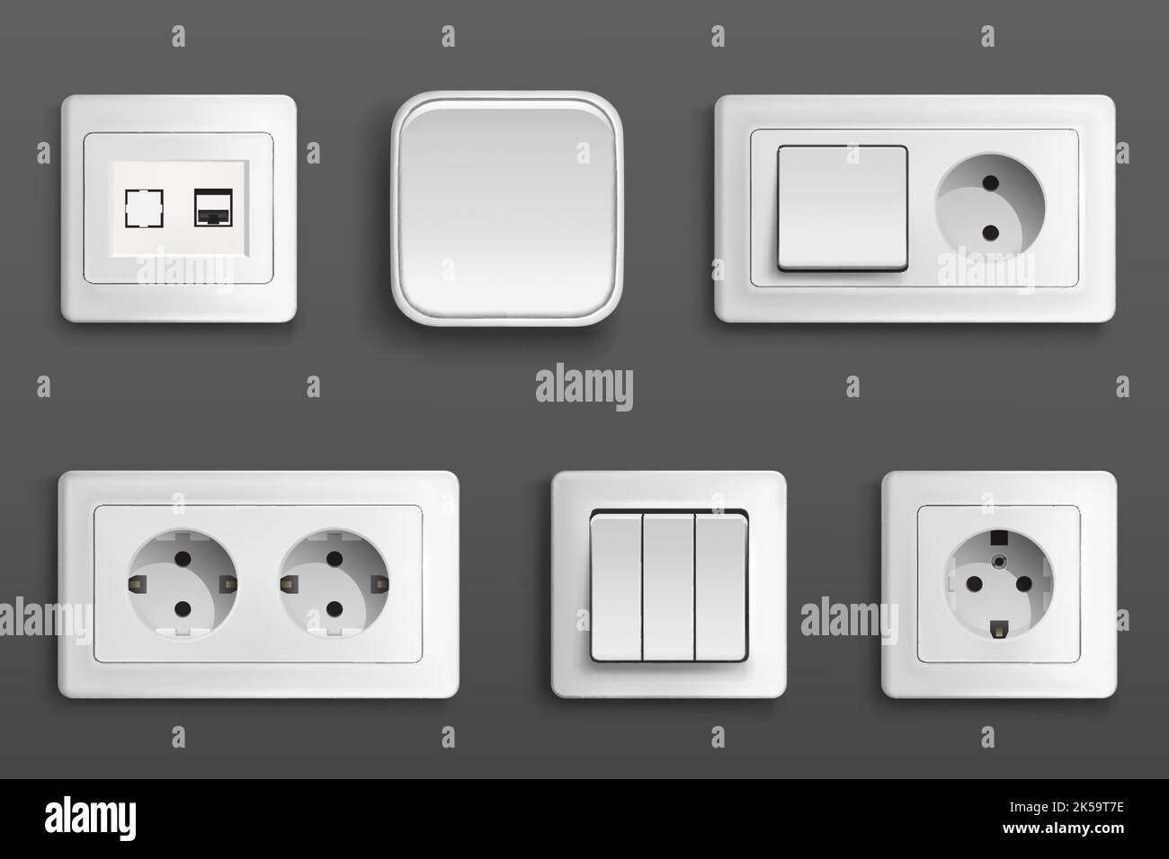 Electric sockets and switches on wall. Vector realistic set of 3d