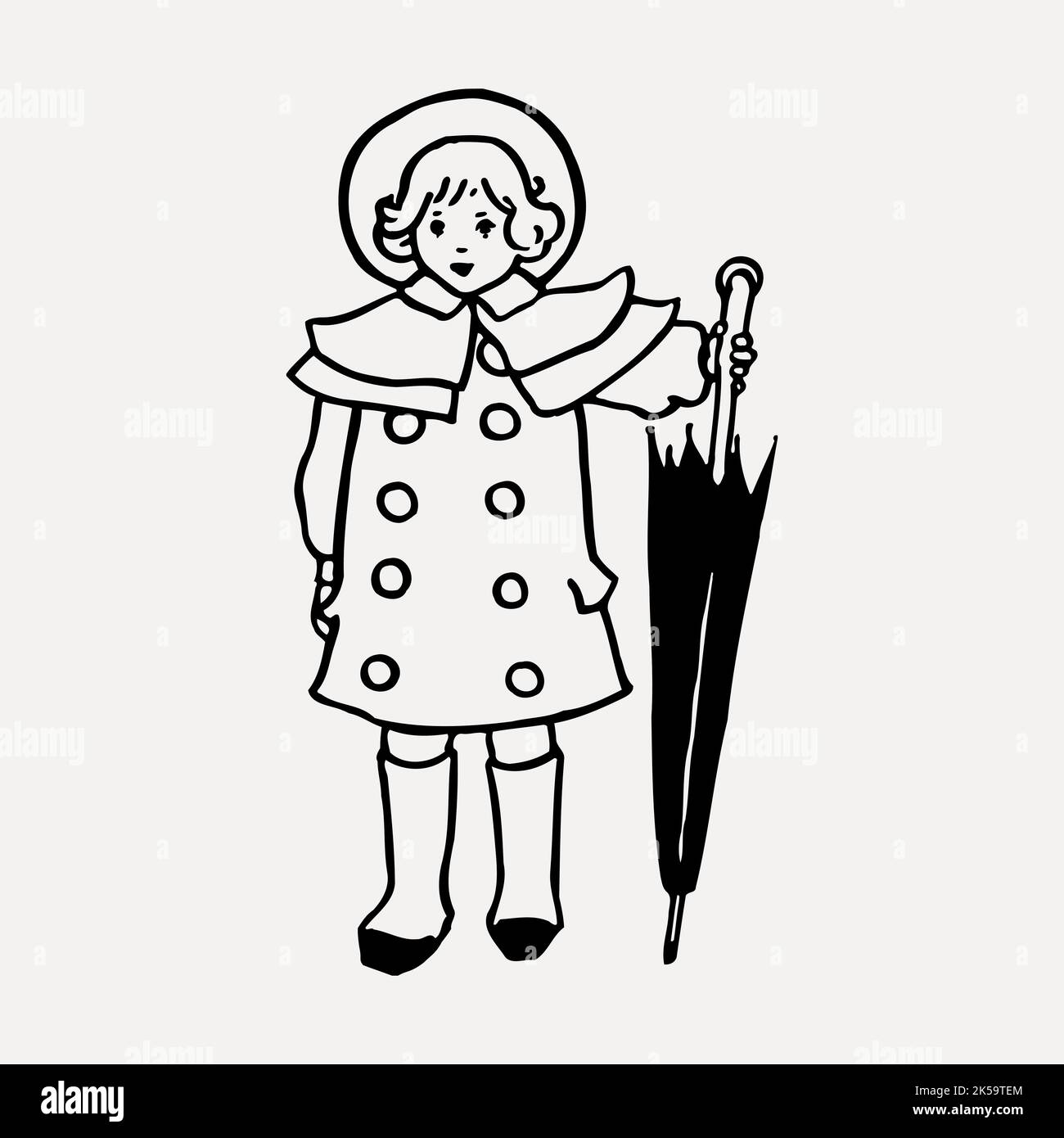 Girl with umbrella clipart, vintage hand drawn vector Stock Vector