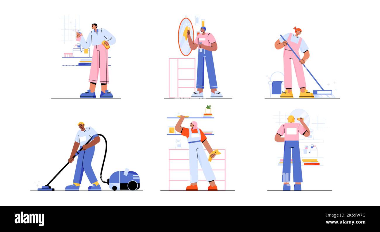 Cleaning service at home, janitors team in uniform housekeeping work