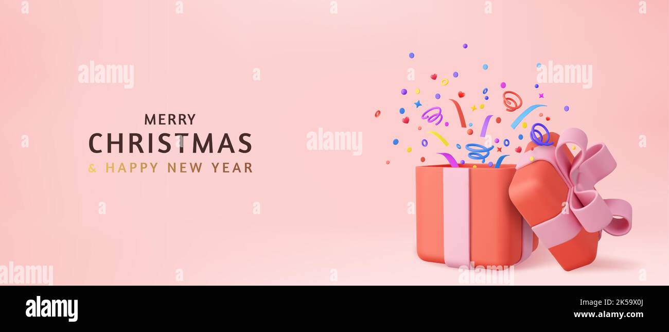3d Cute Surprise Gift Box With Falling Confetti Stock Vector