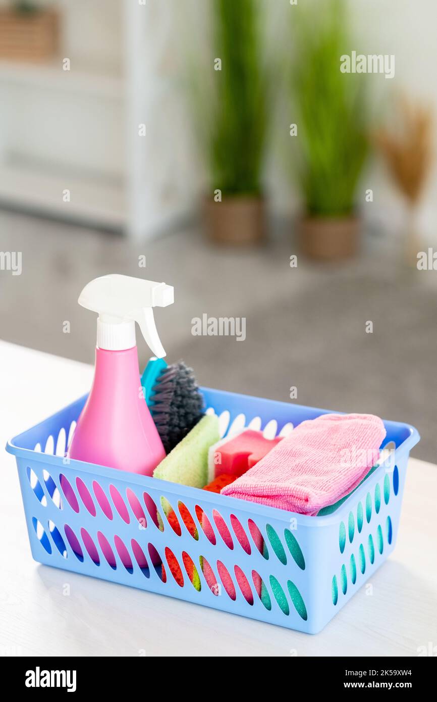 Cleaning tools. Housekeeping chores. Hygiene equipment. Basket with