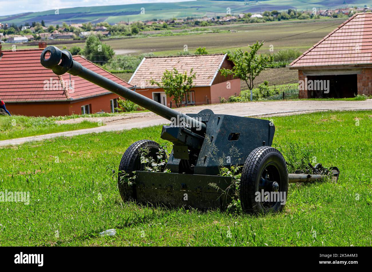 Cannons placed at the monument to Romanian heroes of World War II on may 30, 2021 in Oarba de Mures, Transylvania Stock Photo