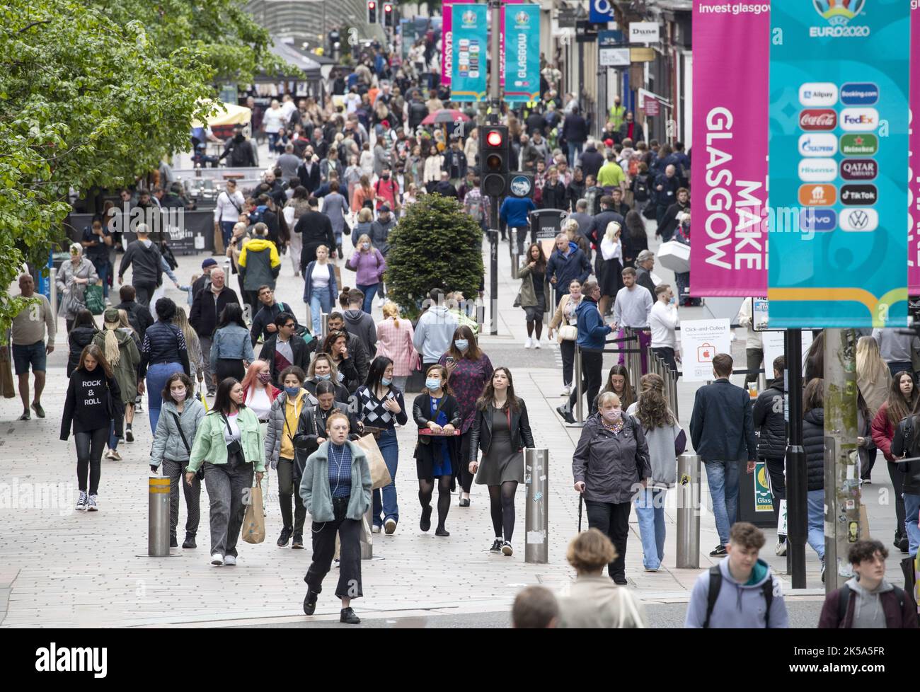 File photo dated 28/05/21 of shoppers in Glasgow city centre, as Scottish retail footfall showed slow improvement over the summer but still remains below pre-pandemic levels, according to new figures. Stock Photo
