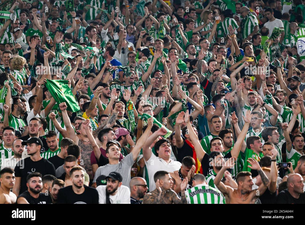 Real Betis fans during the UEFA Europa League 2022-2023 football match between AS Roma and Real Betis at The Olympic Stadium in Rome on September 15, Stock Photo