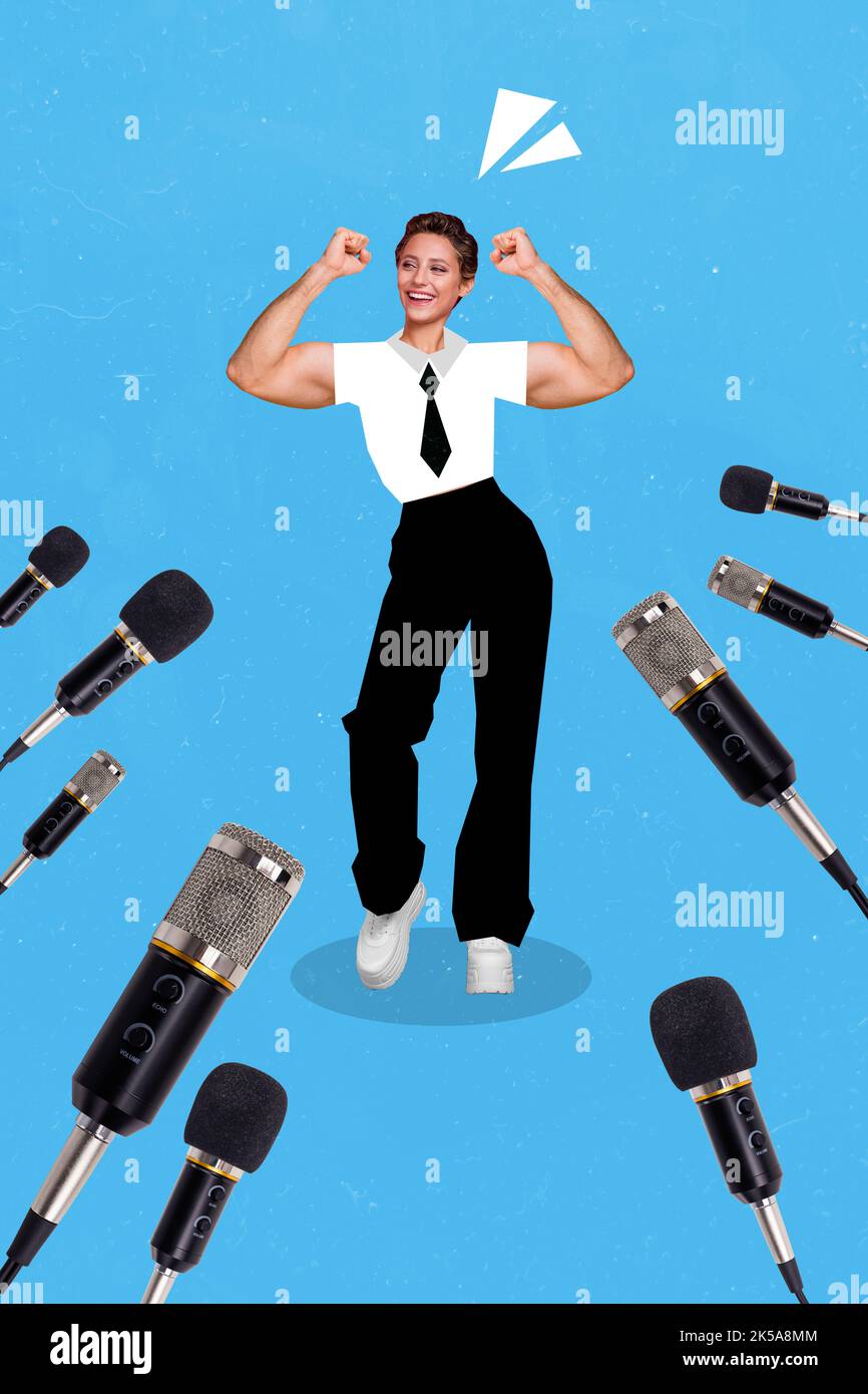 Vertical collage illustration of positive sporty girl arms flexing show biceps journalists microphones isolated on blue background Stock Photo
