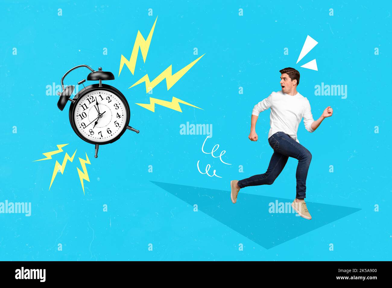 Composite collage image of confused guy running away big classic alarm