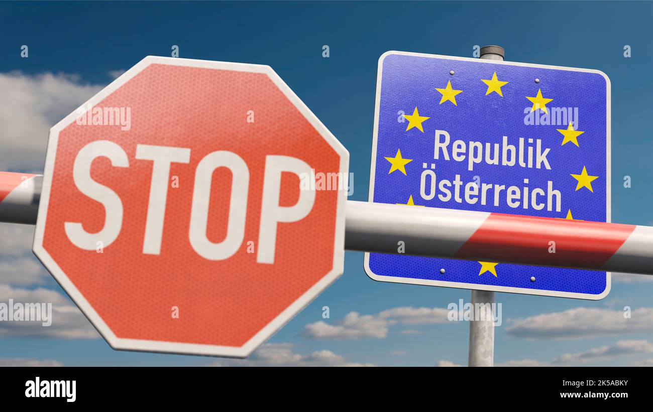 Barrier with STOP sign and info sign 'Republik Oesterreich' (Republic of Austria) Stock Photo