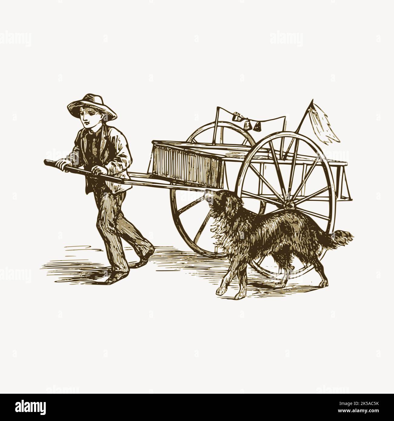 Man pulling wagon clipart, vintage hand drawn vector Stock Vector Image