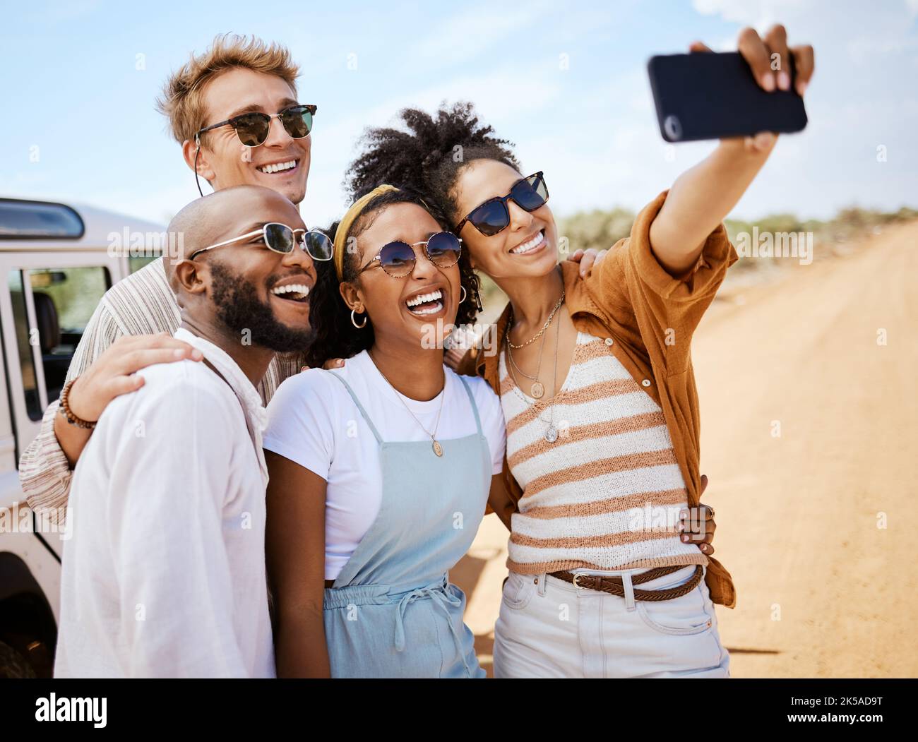 Safari, travel and friends phone selfie for social media with