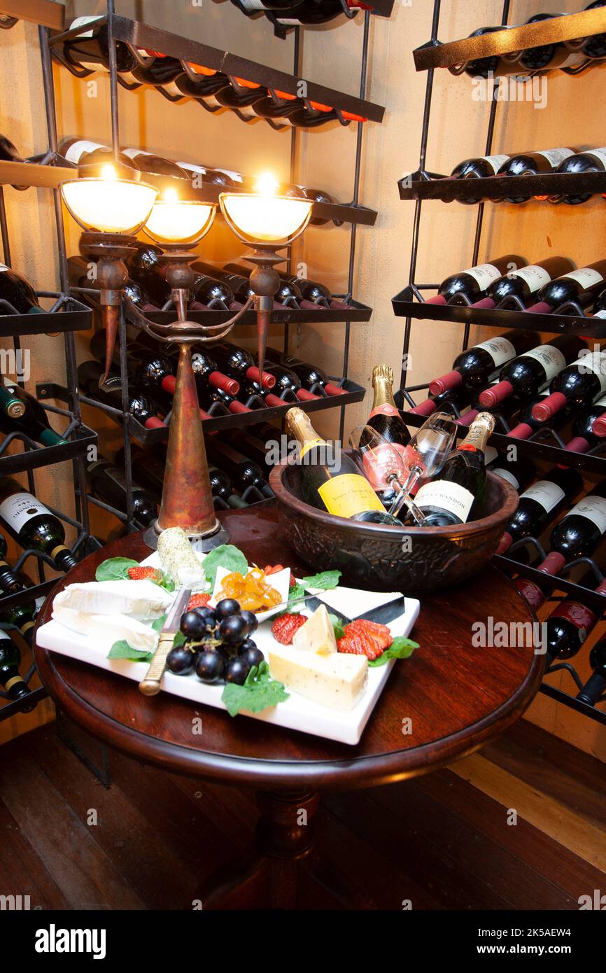 Savanna Private Lodge Wine Cellar with Cheese board - Sabi Sands South Africa Stock Photo