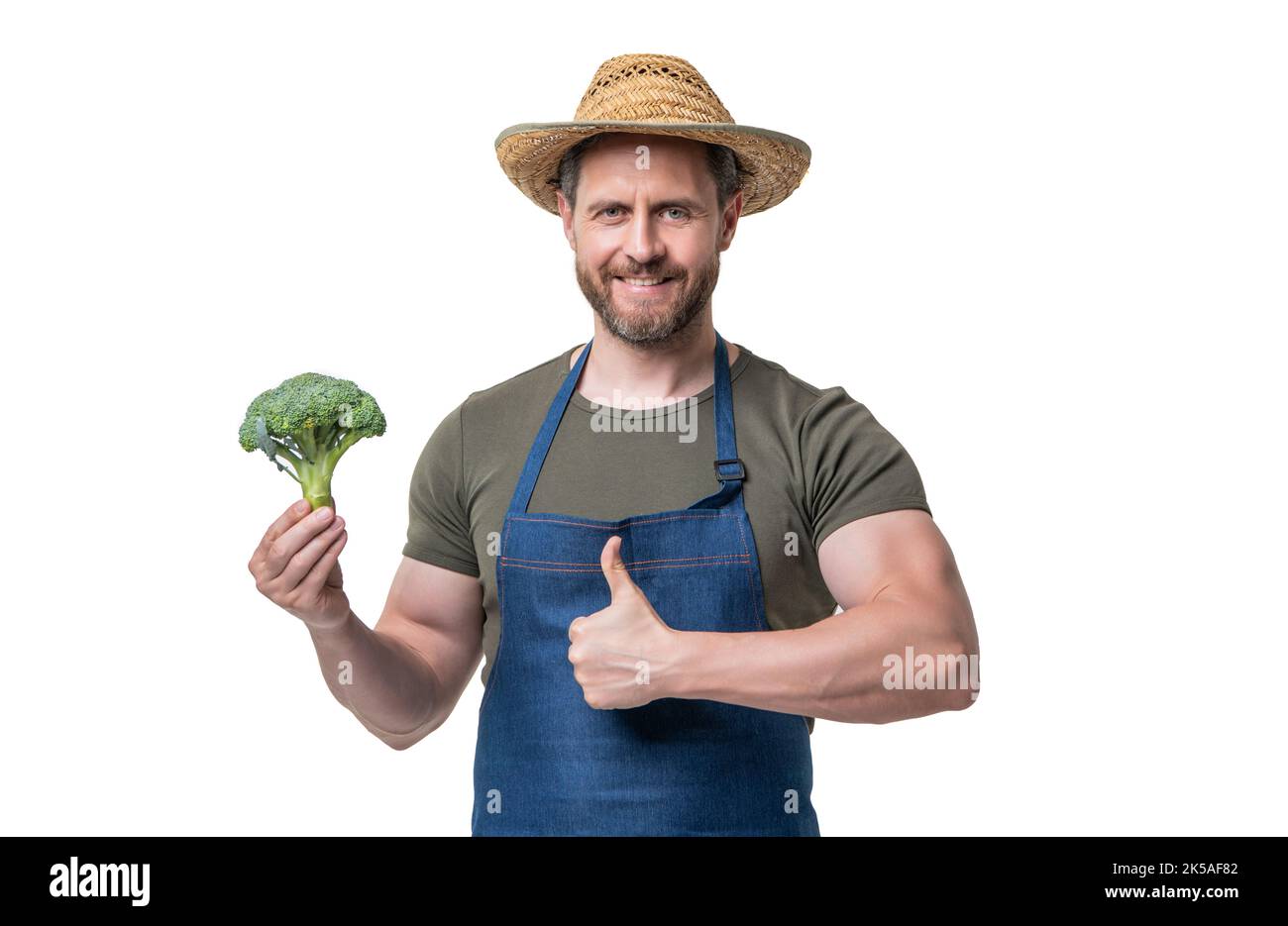 man in apron and hat with broccoli vegetable isolated on white. thumb ...