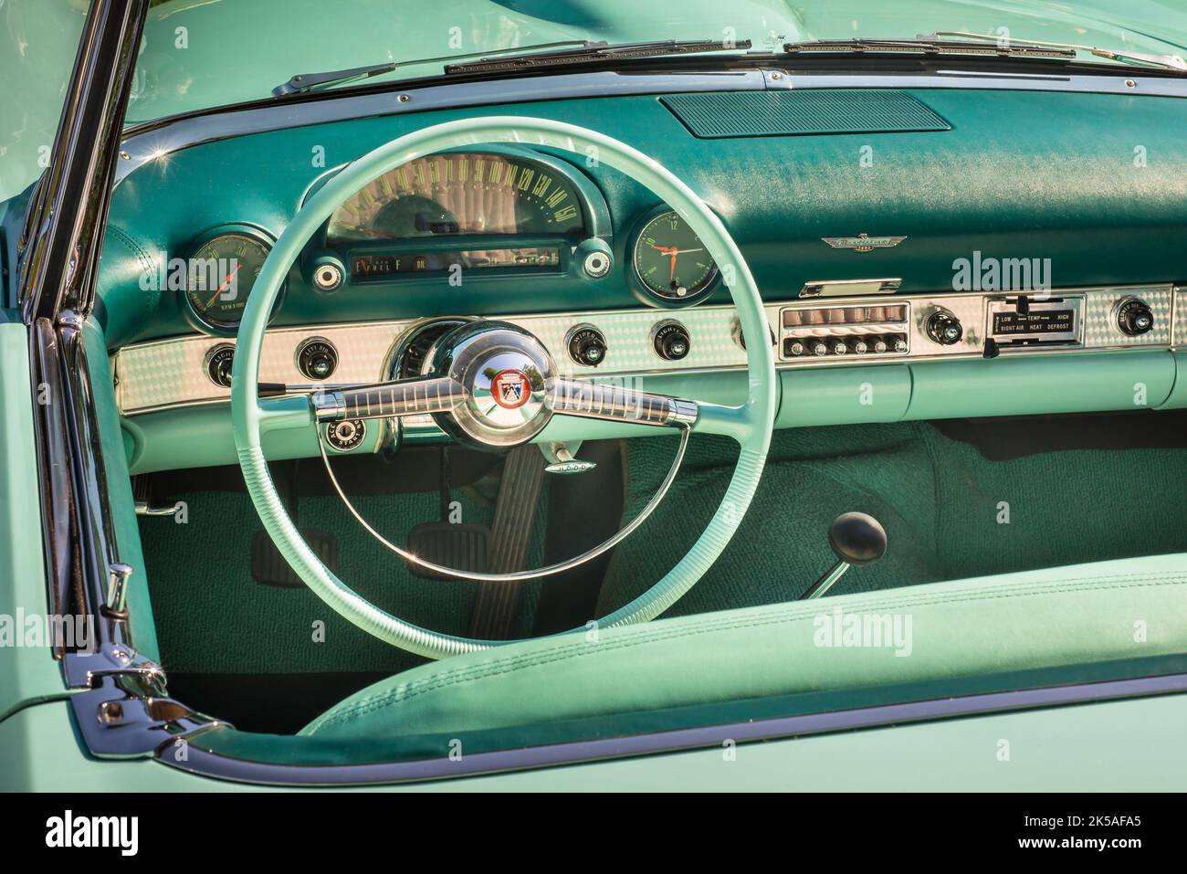 GROSSE POINTE SHORES, MI/USA - JUNE 19, 2016: A 1955 Ford Thunderbird dashboard, EyesOn Design car show, Edsel & Eleanor Ford House, near Detroit. Stock Photo