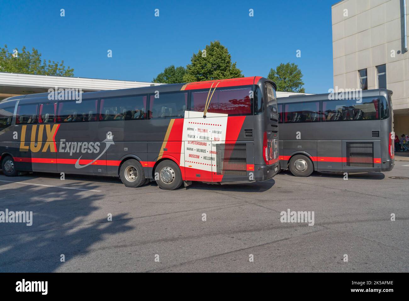 SANKT PETERSBURG , RUSSIA - AUGUST 27.2022: Busstation of St. Petersburg with busses to Helsinki, Tallin, Vilnus, Riga. Stock Photo