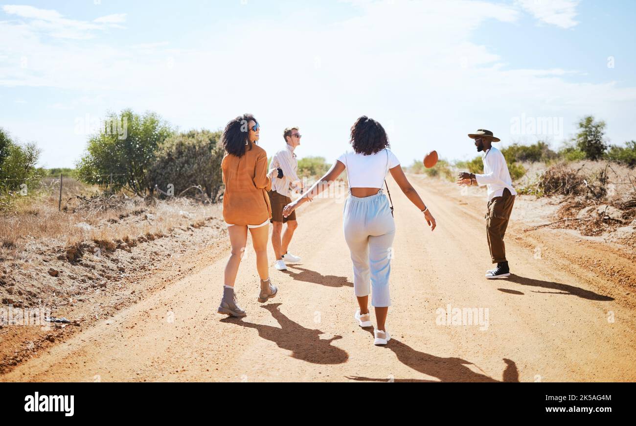 Freedom, countryside and friends walking on adventure in summer ...