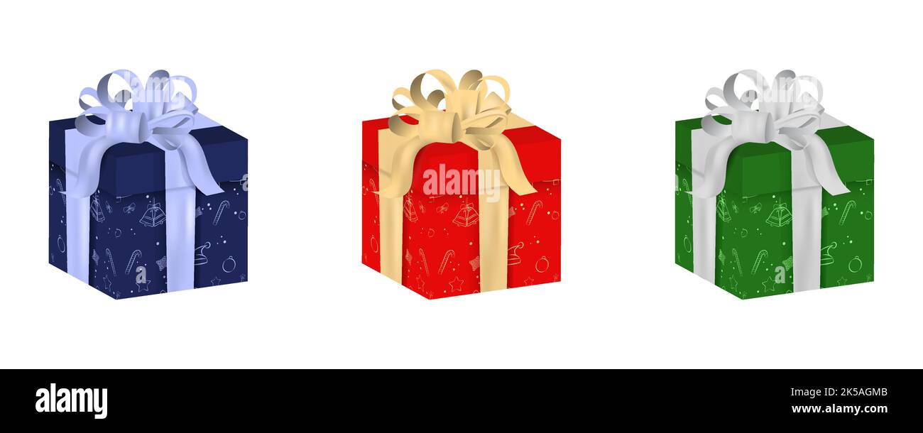 Christmas gifts isolated on white background in three color variations with ribbon and doodle pattern. Stock Vector