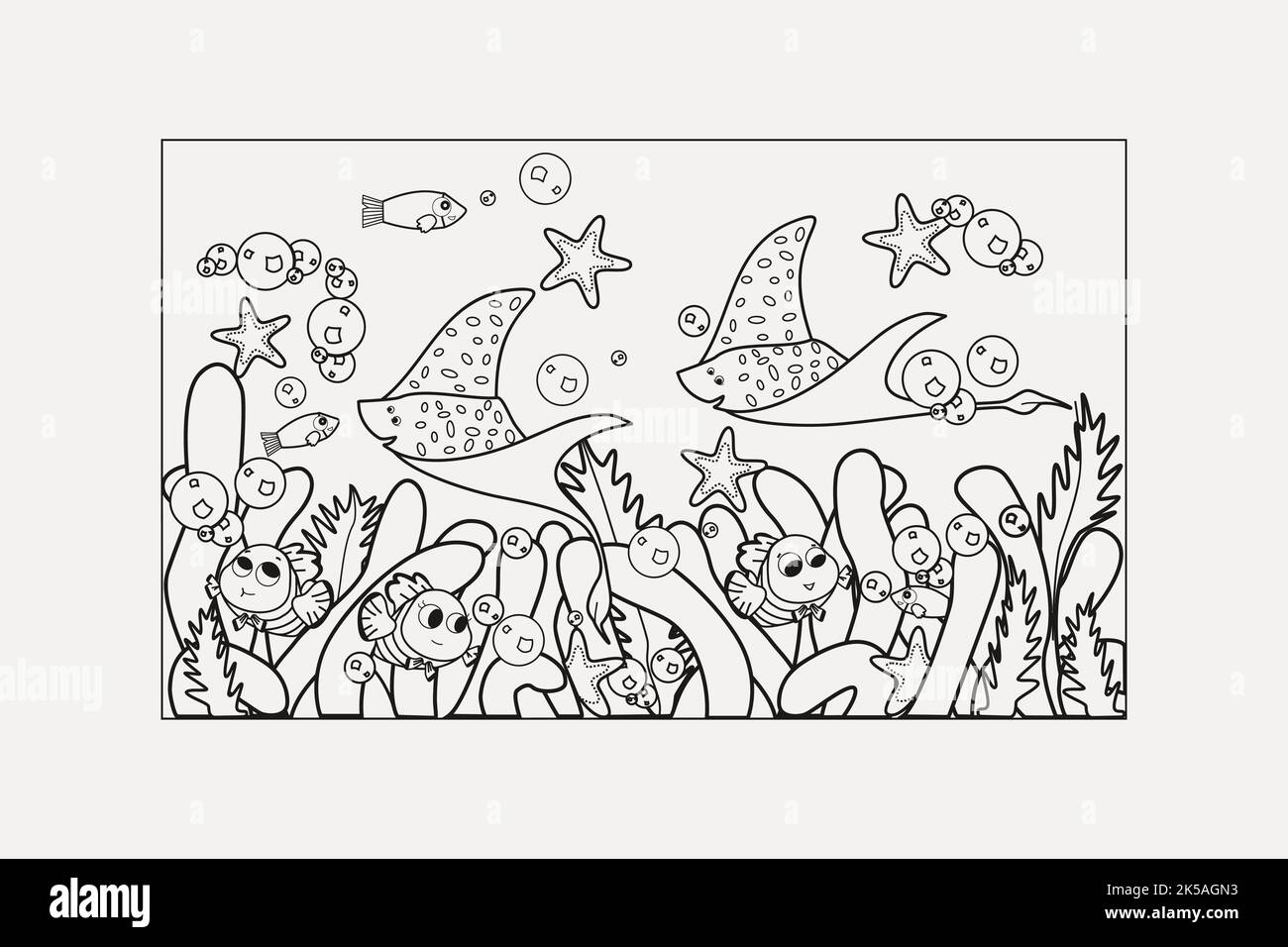 Cute underwater drawing, black and white illustration vector Stock ...