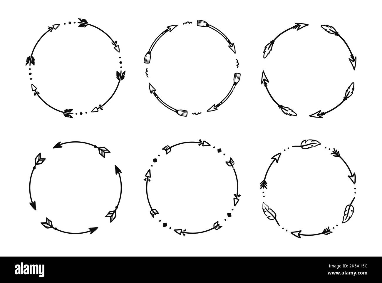 Arrow circle american pattern frame set. Hand drawn doodle boho, rustic