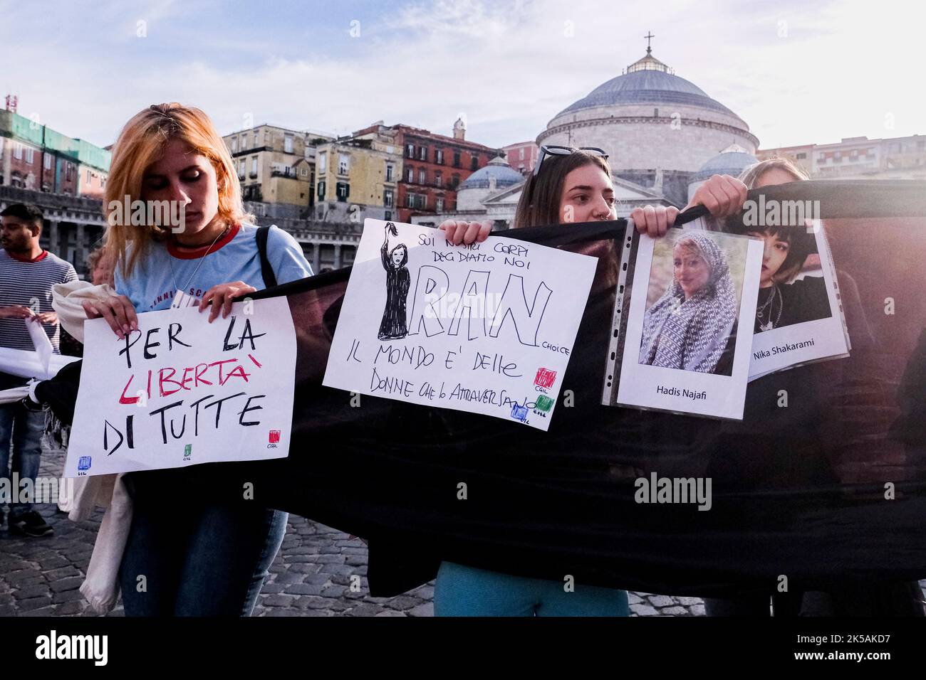 Napoli, 6-10-22, Woman, life, freedom'. These were the words that characterised the presidium promoted by CGIL Cisl Uil in Piazza del Plebiscito in solidarity with the Iranian girls fighting for their rights, after the deaths of Jina Masha Amini, Hadith Najafi and Nika Shakara. Stock Photo