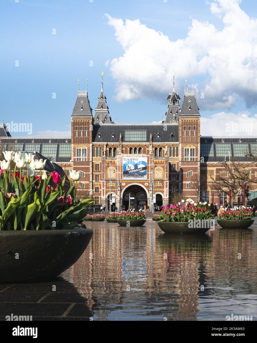 Rijksmuseum with Tulips Flowers in The Netherlands Amsterdam Holland Stock Photo