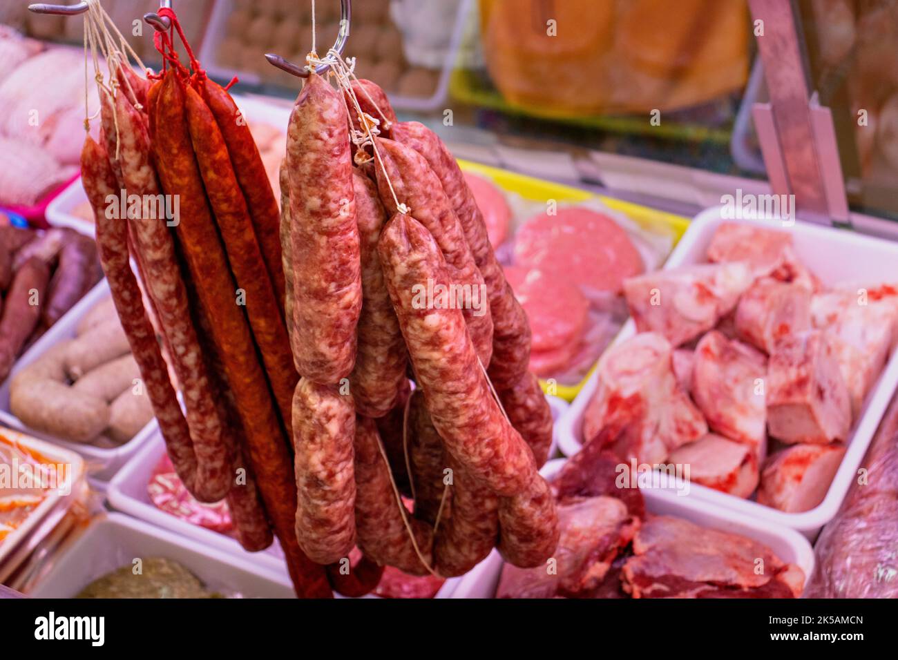 Spanish sausages and chorizos. Butchery work Stock Photo Alamy