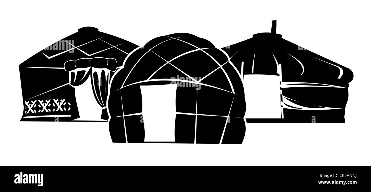 Yurt in tundra. Silhouette design. Dwelling of northern nomadic peoples in Arctic. From felt and skins. Isolated on white background. Illustration Stock Vector
