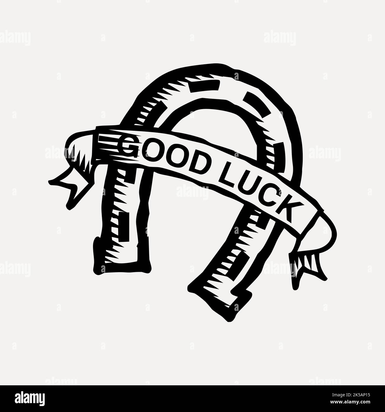 Horseshoe good luck drawing, black and white illustration vector Stock