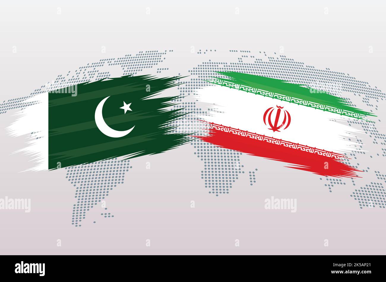 Pakistan VS Iran flags. Islamic Republic of Pakistan VS Irani flags, isolated on grey world map background. Vector illustration. Stock Vector