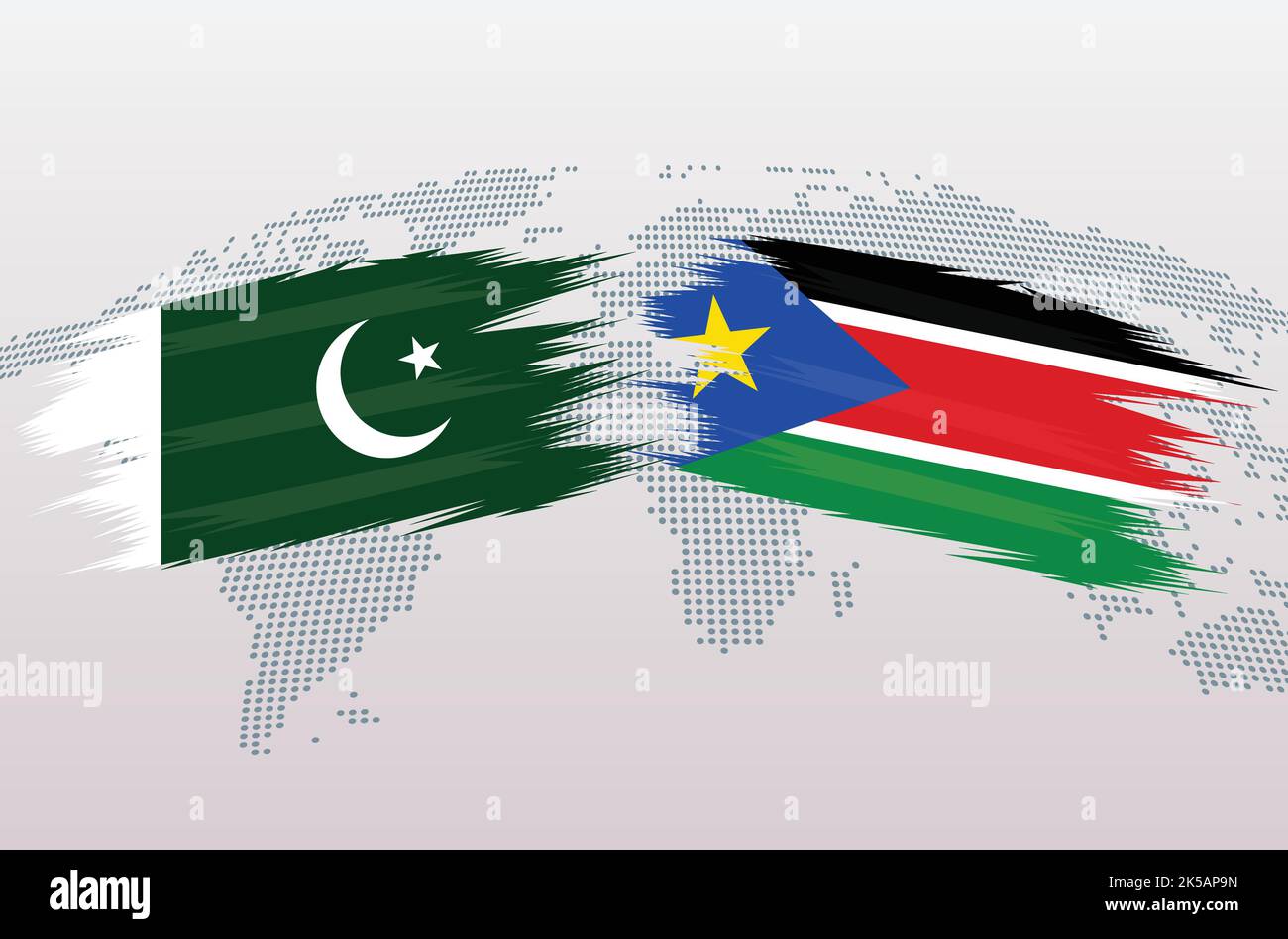 Pakistan VS South Sudan flags. Islamic Republic of Pakistan VS South Sudan flags, isolated on grey world map background. Vector illustration. Stock Vector