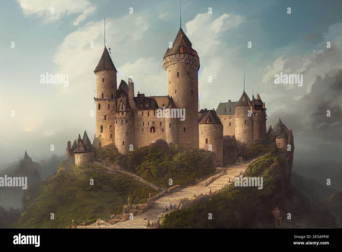 An illustration of a medieval castle on a hill under the blue cloudy