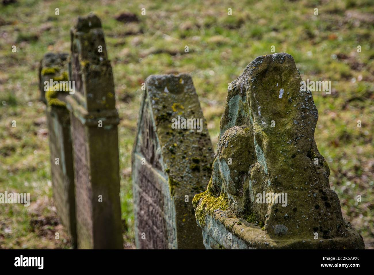 A close up of mossy gravestones Stock Photo