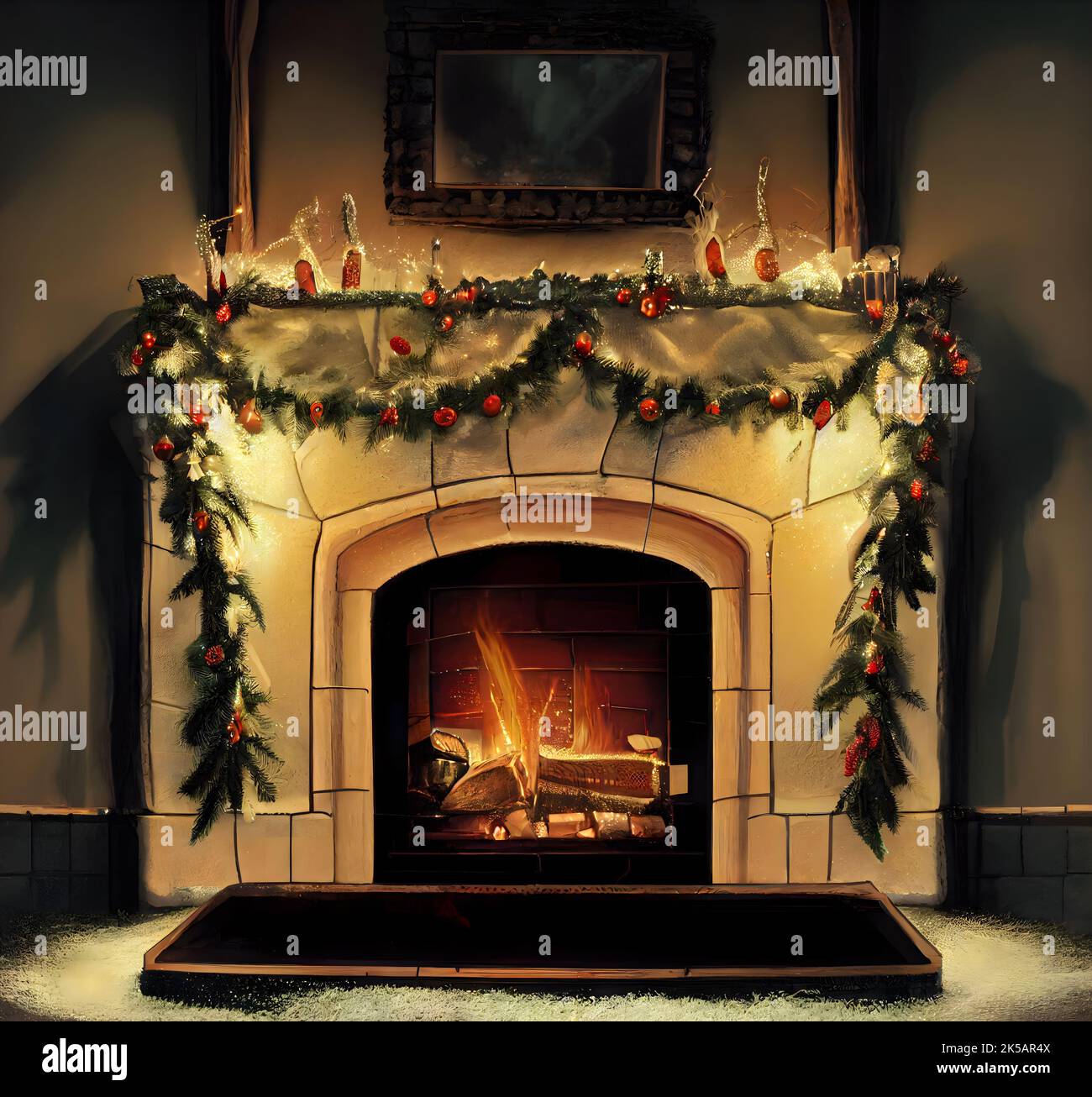 Christmas Fireplace Mantle with Framed Mirror Above Stock Photo - Alamy