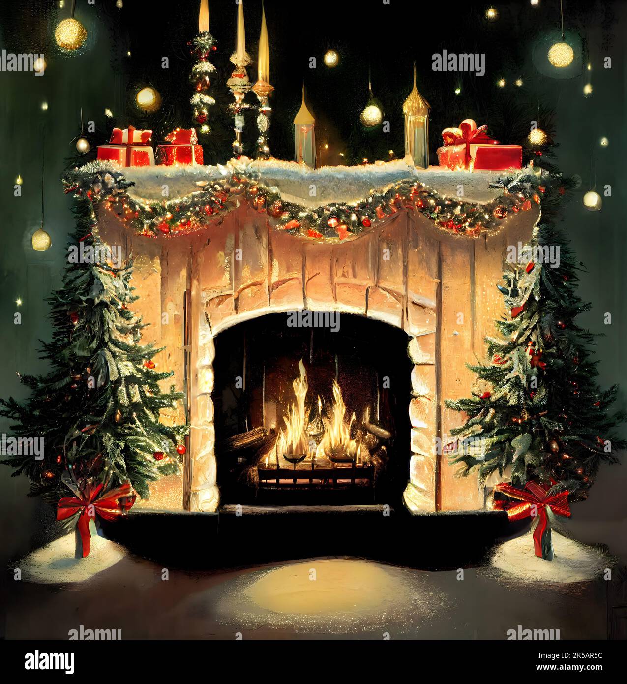 Retro Vintage Snowy Christmas Fireplace Mantle Stock Photo - Alamy